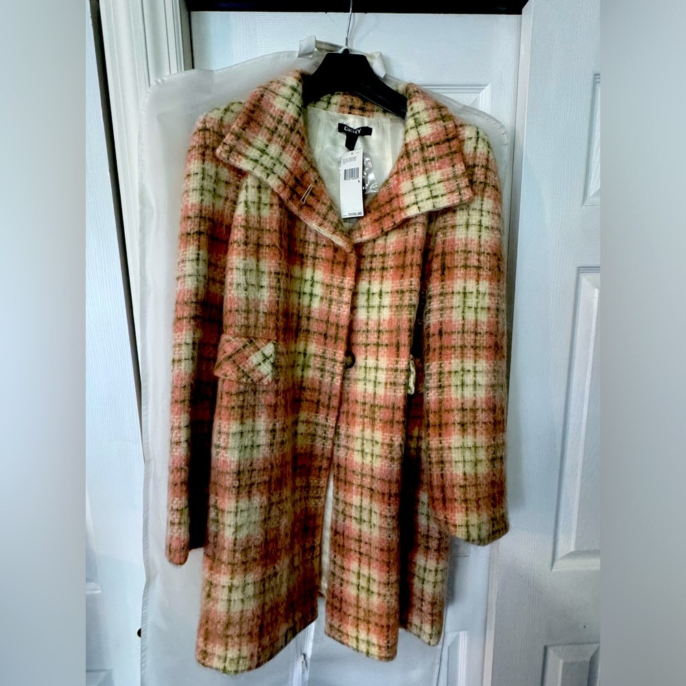 DKNY Women’s rare vintage wool plaid coat NEW w tag and garment bag Donna Karan